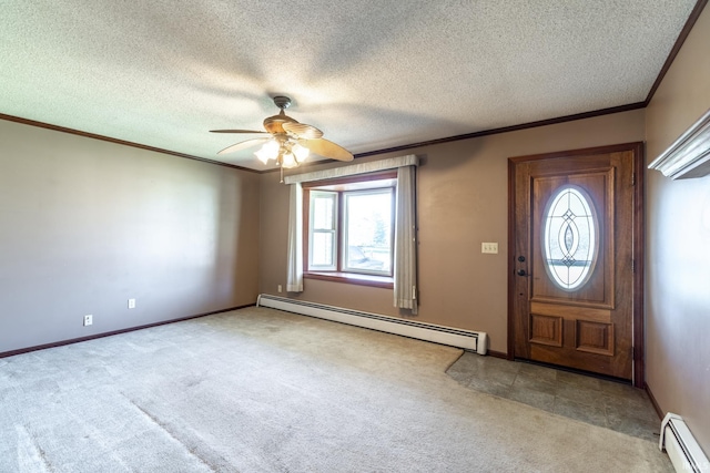 entrance foyer with light carpet, a baseboard radiator, a textured ceiling, and ceiling fan