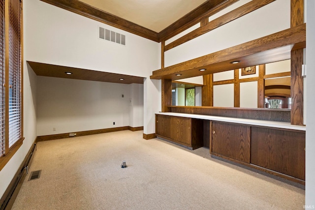 carpeted empty room with a towering ceiling, crown molding, and baseboard heating