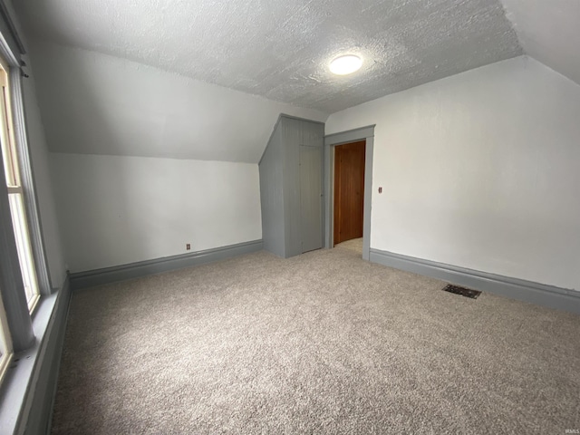 additional living space with a textured ceiling, carpet flooring, and vaulted ceiling