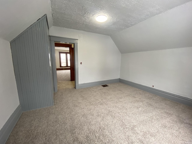 additional living space with light carpet, a textured ceiling, and vaulted ceiling