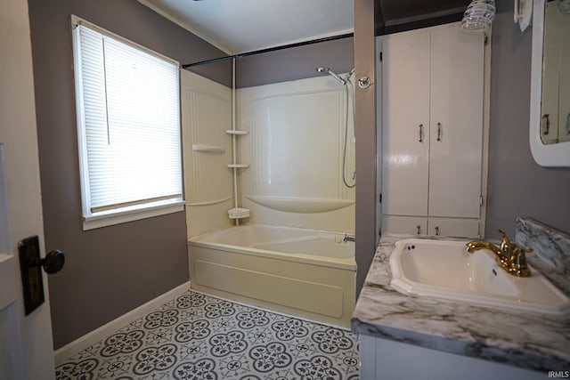 bathroom featuring shower / bath combination, tile patterned floors, and vanity