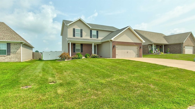 view of front facade with a garage, covered porch, and a front lawn