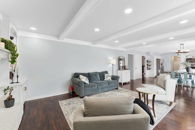 living room with dark hardwood / wood-style floors, beam ceiling, and a notable chandelier