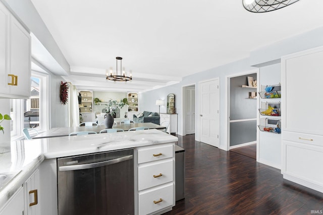 kitchen featuring dishwasher, decorative light fixtures, white cabinets, dark hardwood / wood-style floors, and a notable chandelier