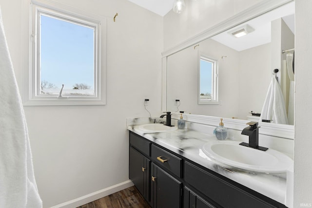 bathroom featuring vanity, hardwood / wood-style flooring, and a wealth of natural light