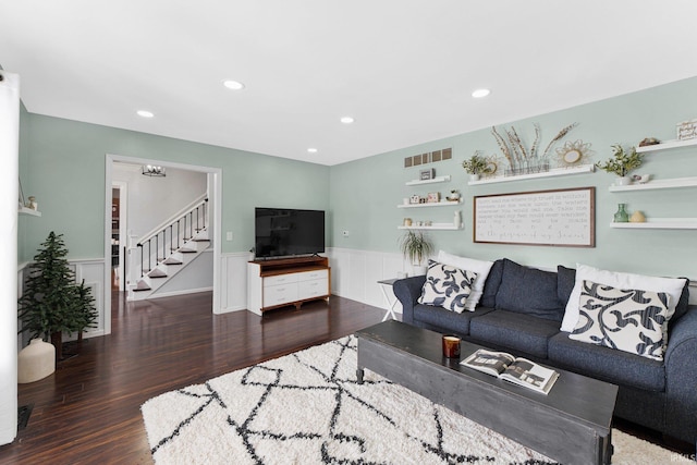 living room with dark wood-type flooring