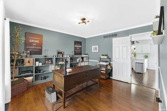 office space with dark hardwood / wood-style flooring and crown molding