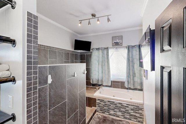 bathroom with independent shower and bath and crown molding