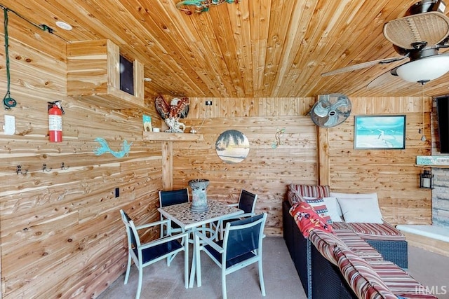 interior space with wood ceiling, ceiling fan, and wooden walls