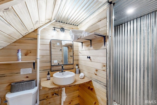 bathroom with sink, toilet, and wooden walls