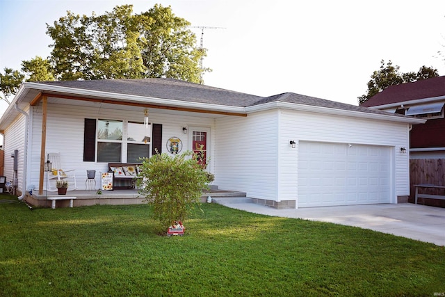 ranch-style home with a porch, a garage, and a front lawn