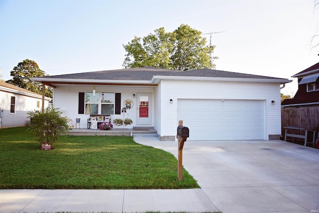 ranch-style home featuring a front yard, a porch, and a garage