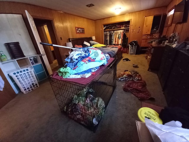 interior space featuring carpet, a closet, and wood walls