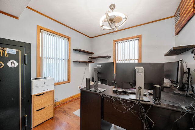 office area featuring crown molding and wood-type flooring