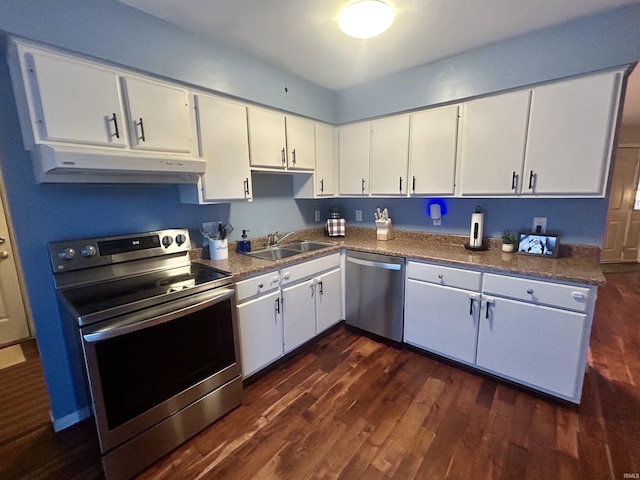 kitchen featuring white cabinetry, appliances with stainless steel finishes, sink, and dark hardwood / wood-style floors