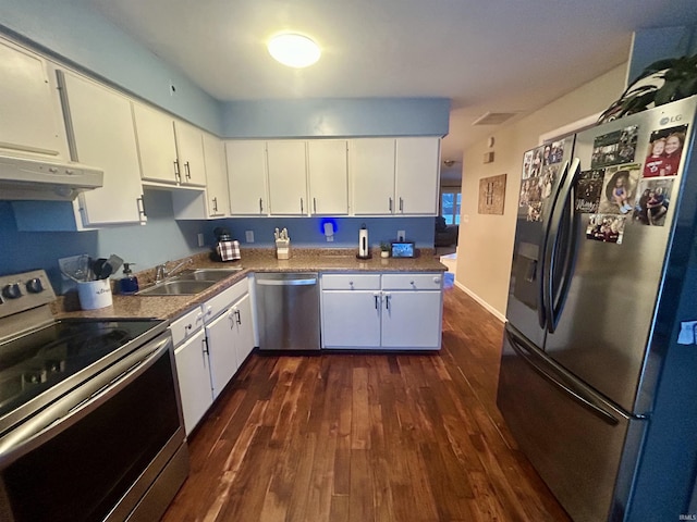 kitchen with sink, stainless steel appliances, dark hardwood / wood-style floors, and white cabinets