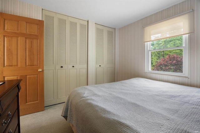 carpeted bedroom featuring multiple closets