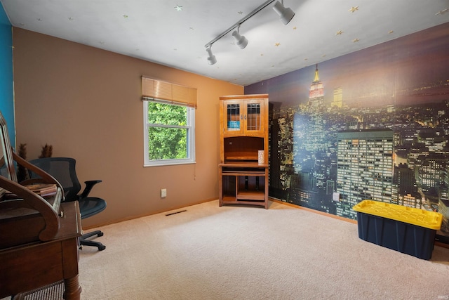 office space featuring rail lighting and carpet flooring