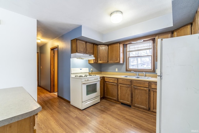 kitchen with sink, white appliances, and light wood-type flooring