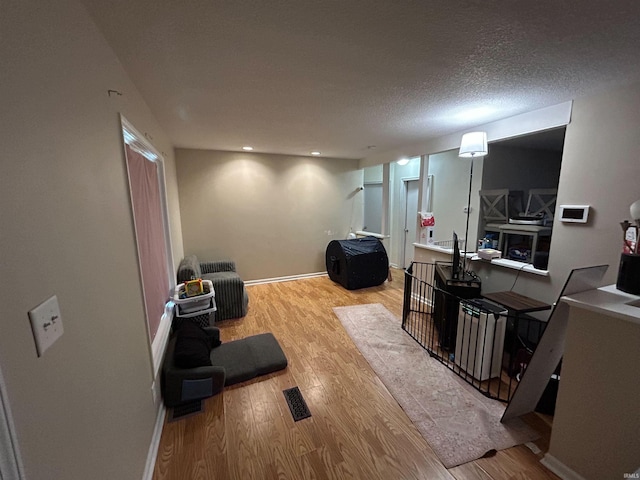 living room with a textured ceiling and light hardwood / wood-style floors