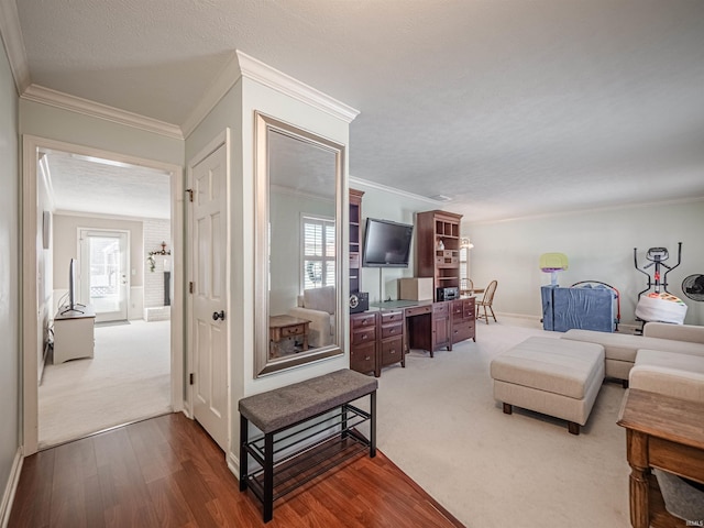 living room with a healthy amount of sunlight, ornamental molding, and carpet