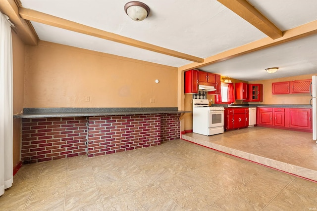 kitchen featuring beam ceiling, sink, white appliances, and brick wall