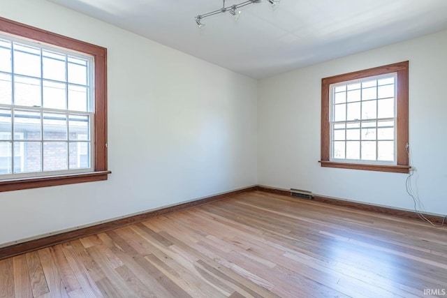 empty room with light hardwood / wood-style flooring, plenty of natural light, and track lighting