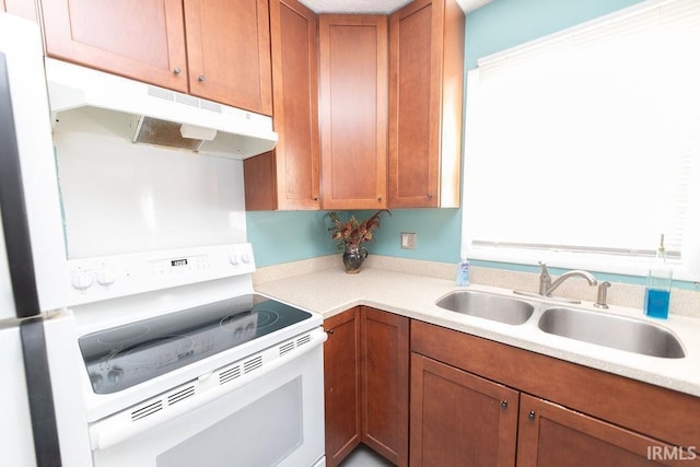 kitchen with sink and white range with electric stovetop