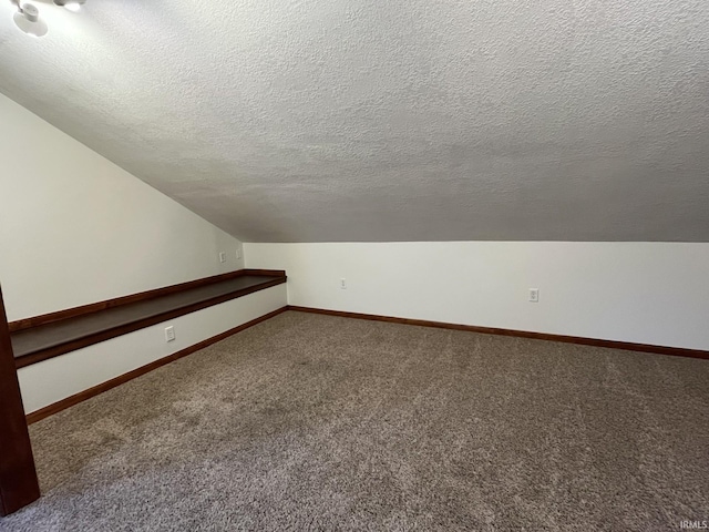 bonus room featuring lofted ceiling, carpet floors, and a textured ceiling