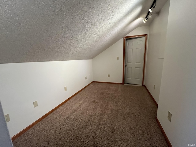 additional living space with vaulted ceiling, a textured ceiling, and carpet flooring