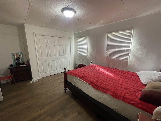 bedroom with dark wood-type flooring and a closet