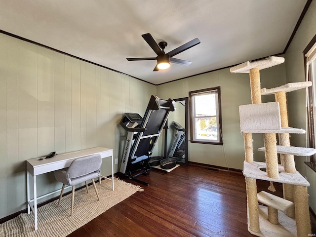 exercise room with ornamental molding, dark wood-type flooring, and ceiling fan