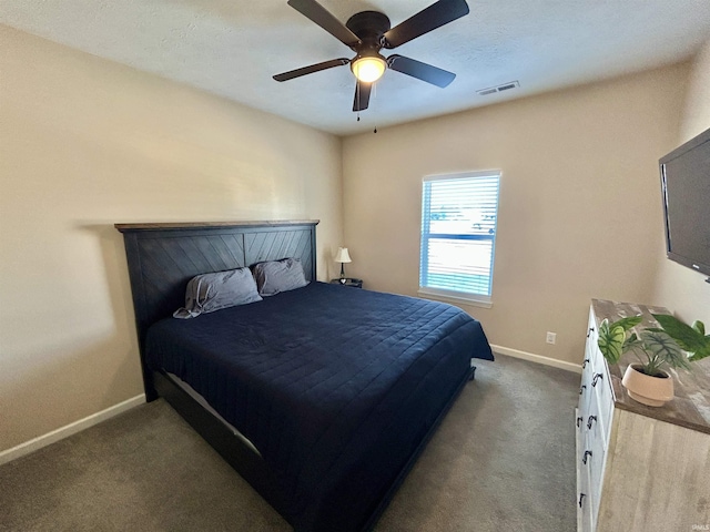 bedroom with dark carpet and ceiling fan