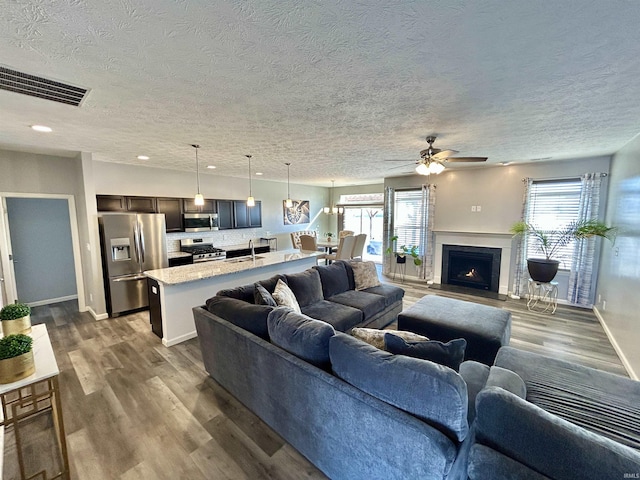 living room with hardwood / wood-style floors, a textured ceiling, and a healthy amount of sunlight