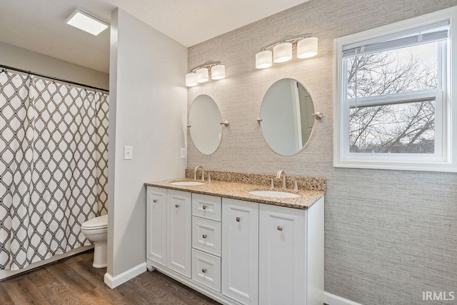 bathroom with hardwood / wood-style flooring, vanity, and toilet