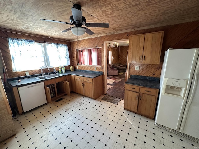 kitchen with sink, wood ceiling, ceiling fan, wooden walls, and white appliances