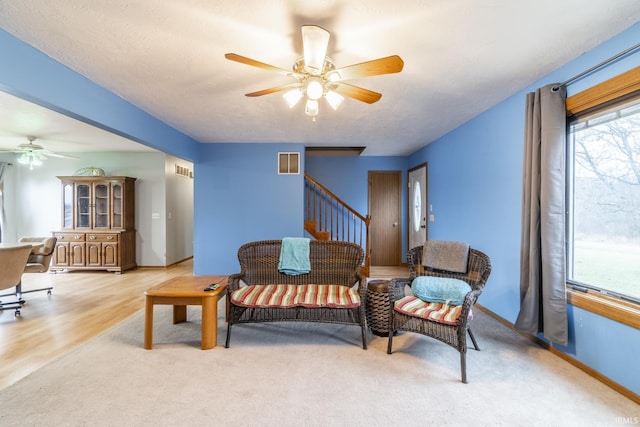 living room featuring ceiling fan, carpet, and a textured ceiling