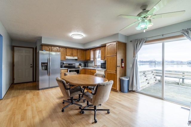 kitchen with light hardwood / wood-style flooring, stainless steel appliances, and ceiling fan