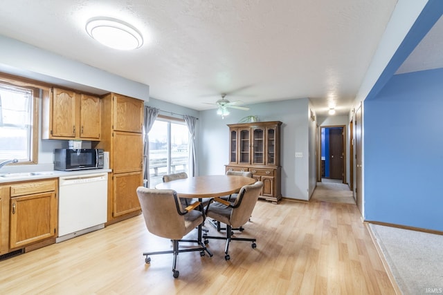 dining space featuring ceiling fan, sink, light hardwood / wood-style floors, and a textured ceiling