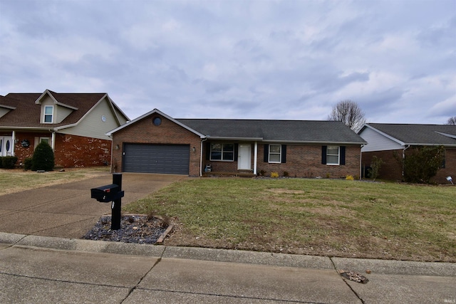 ranch-style home featuring a garage and a front lawn