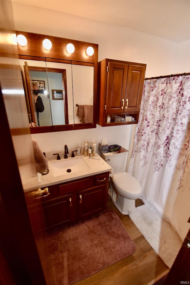 bathroom featuring vanity, wood-type flooring, and toilet