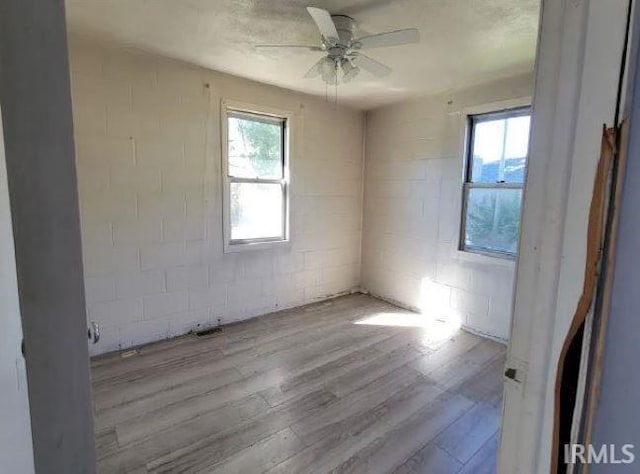 empty room with ceiling fan, a healthy amount of sunlight, and light hardwood / wood-style floors