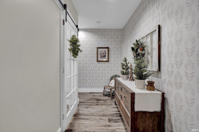 corridor featuring a barn door and light hardwood / wood-style floors