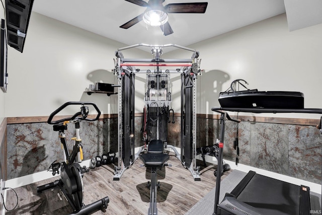 workout room featuring ceiling fan and light wood-type flooring