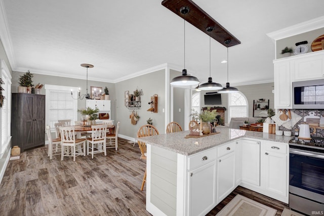 kitchen featuring white cabinetry, light stone countertops, decorative light fixtures, and stainless steel appliances