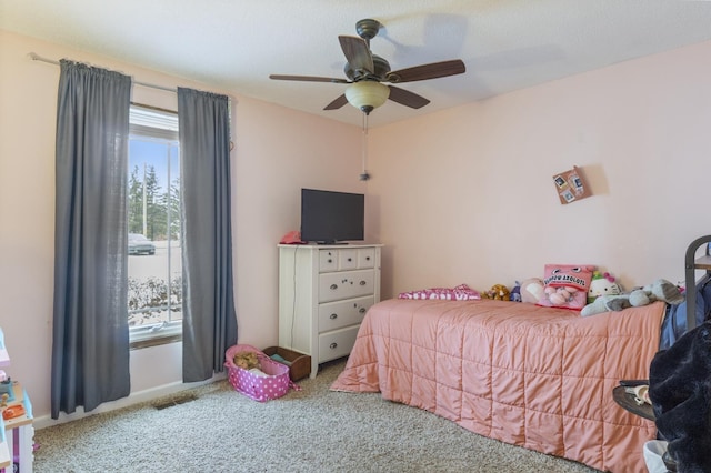 bedroom featuring carpet flooring and ceiling fan