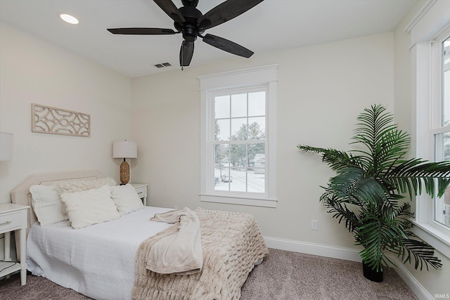 bedroom featuring carpet flooring and ceiling fan