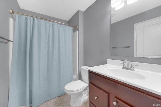 full bathroom with vanity, shower / tub combo, tile patterned floors, and toilet