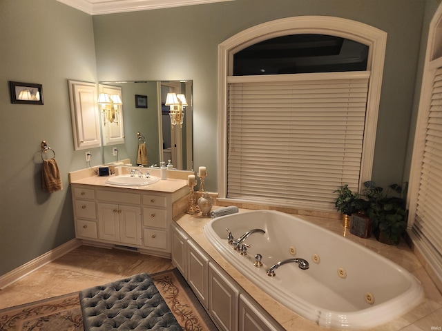 bathroom featuring vanity, ornamental molding, a bath, and tile patterned floors