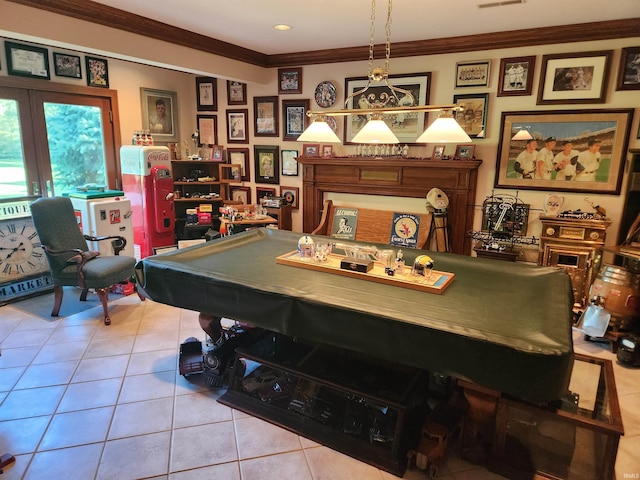 rec room featuring ornamental molding, light tile patterned floors, and billiards